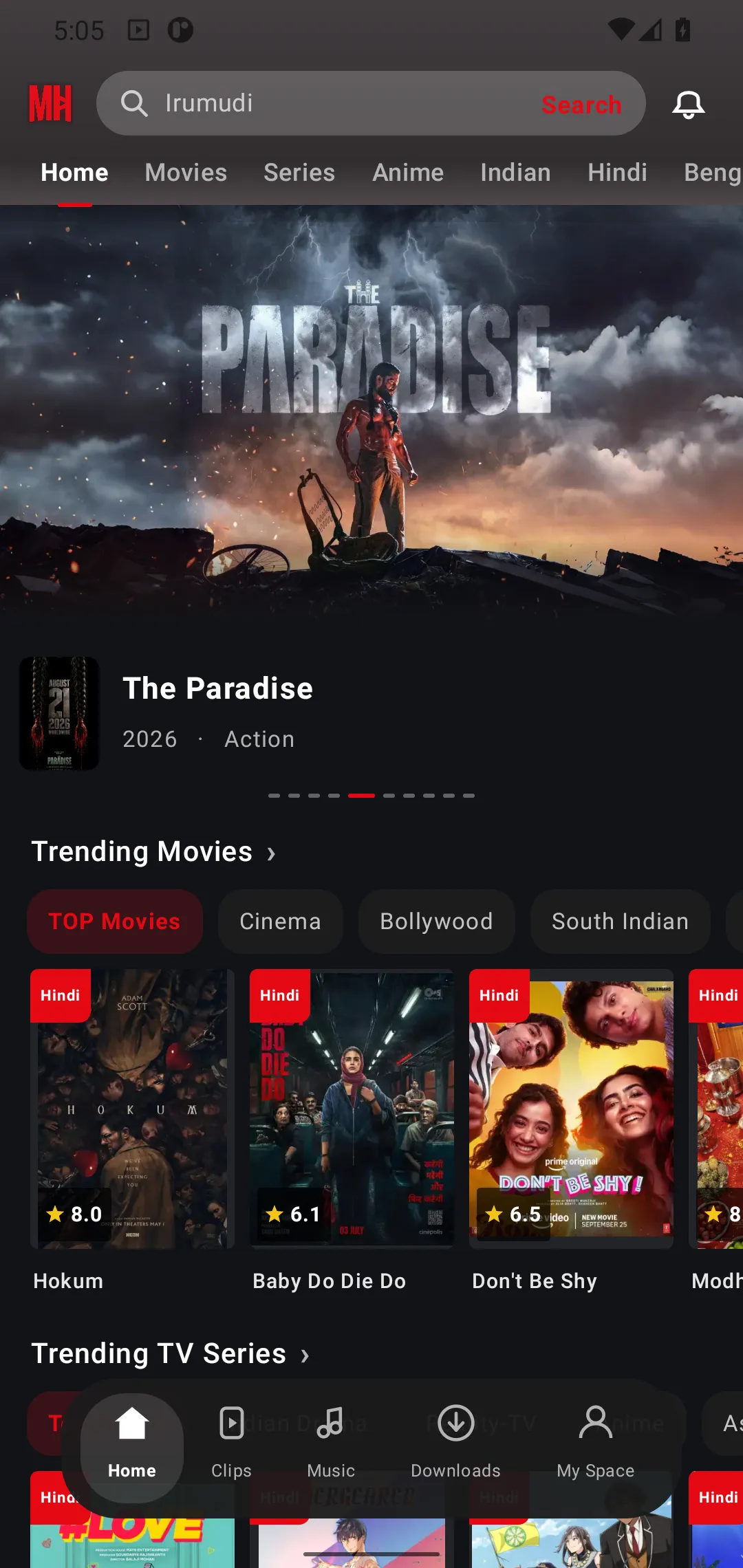 MovieHouse home on an Android phone: featured 2026 film The Paradise, category tabs and Trending Movies.