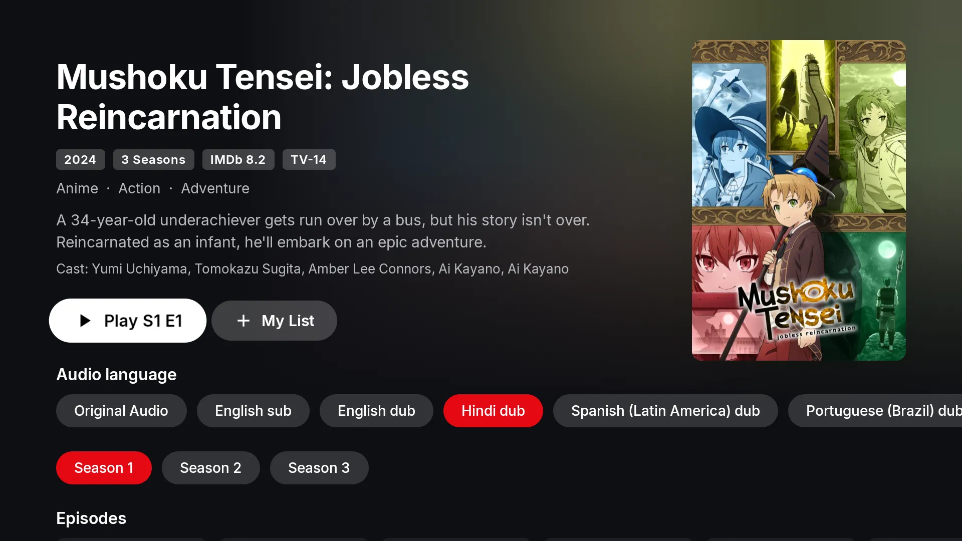 A series page on the TV app with audio language choices and seasons.